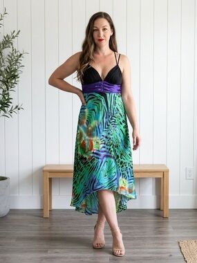 Vintage Y2K Animal Print High-Low Prom Dress XS/S Purple Sash Strappy Backless
